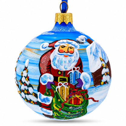 Santa with Bag of Gifts Glass Ball Christmas Ornament 3.25 Inches