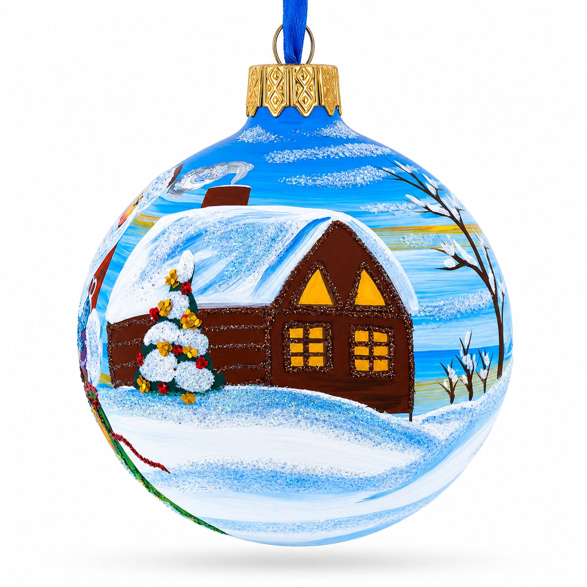 Santa with Bag of Gifts Glass Ball Christmas Ornament 3.25 Inches