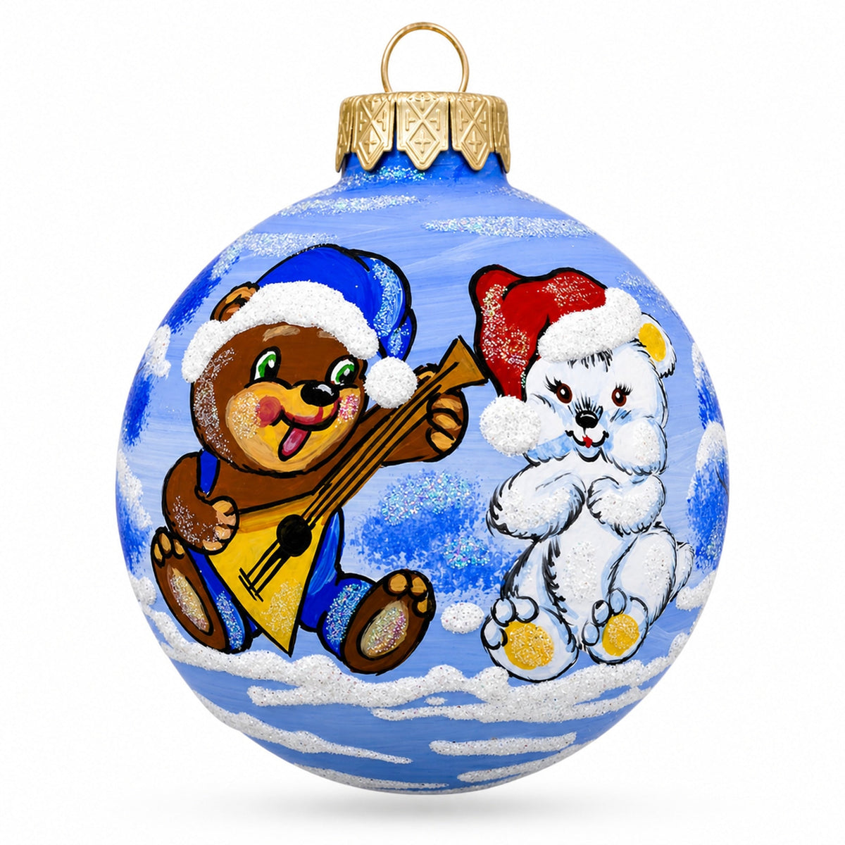 Bear with Balalaika and Santa Hat Glass Ball Christmas Ornament 3.25 Inches