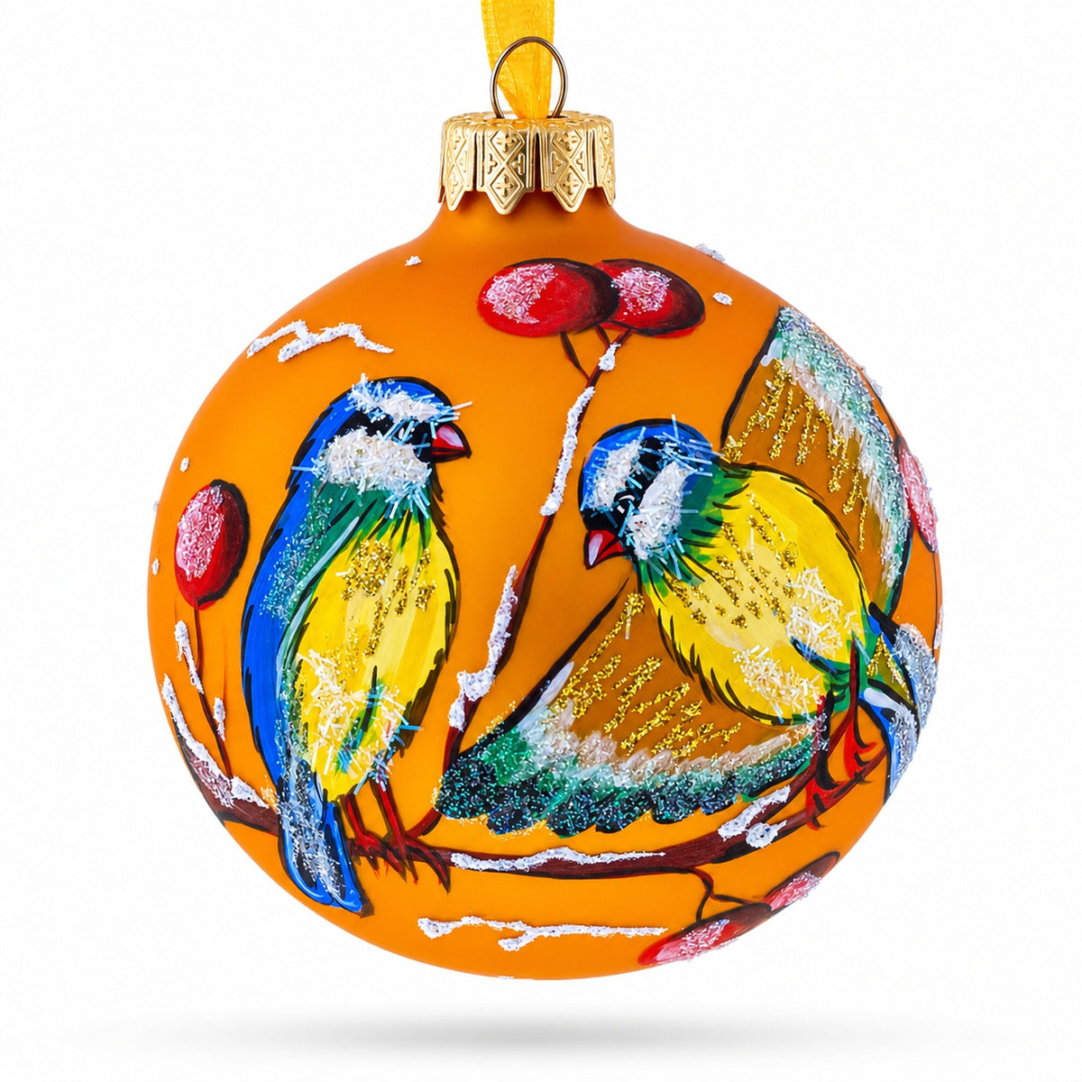 Yellow Birds on Branch Glass Ball Christmas Ornament 3.25 Inches