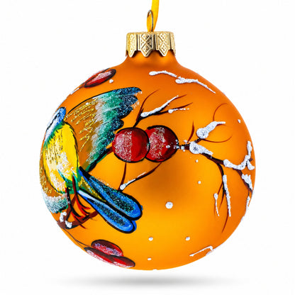 Yellow Birds on Branch Glass Ball Christmas Ornament 3.25 Inches