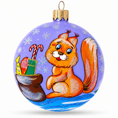 Squirrel Presenting Gifts Beside a Festive Tree Glass Ball Christmas Ornament 3.25 Inches