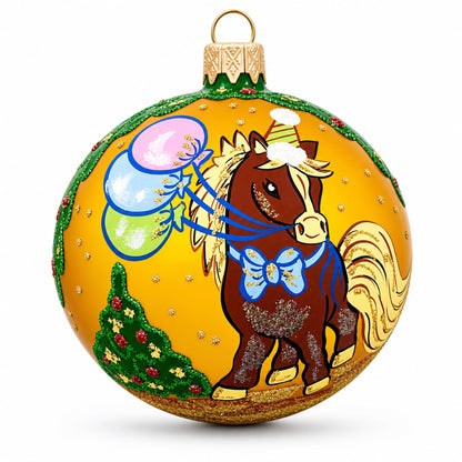 Festive Horse Celebration with Balloons Glass Ball Christmas Ornament 3.25 Inches