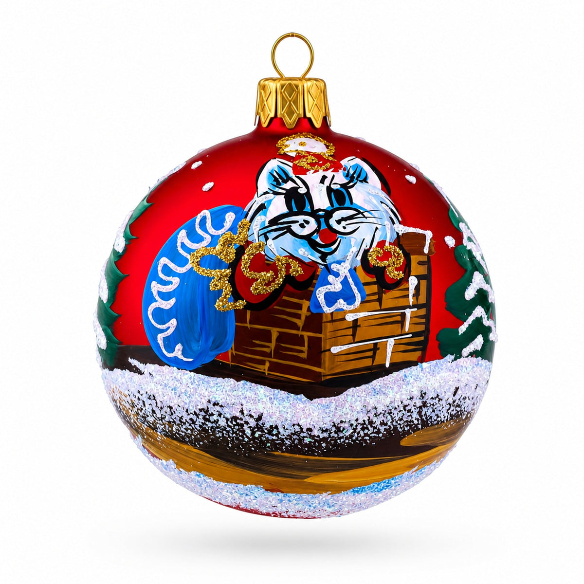 Cat in Chimney Glass Ball Christmas Ornament 3.25 Inches