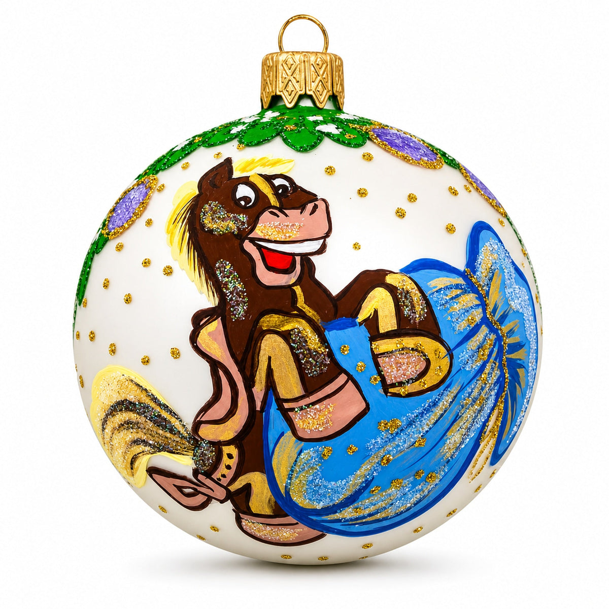 Festive Horse with Dangling Ornaments Glass Ball Christmas Ornament 3.25 Inches