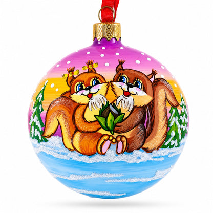 Squirrel Couple Amidst Lotus Flower Glass Ball Christmas Ornament 3.25 Inches