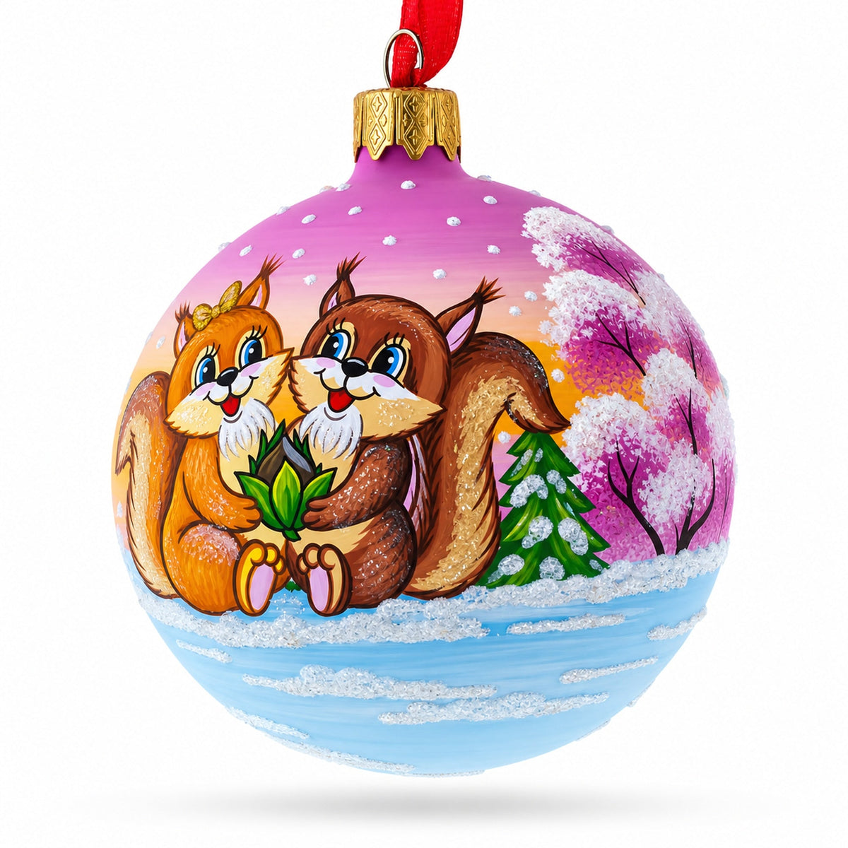 Squirrel Couple Amidst Lotus Flower Glass Ball Christmas Ornament 3.25 Inches