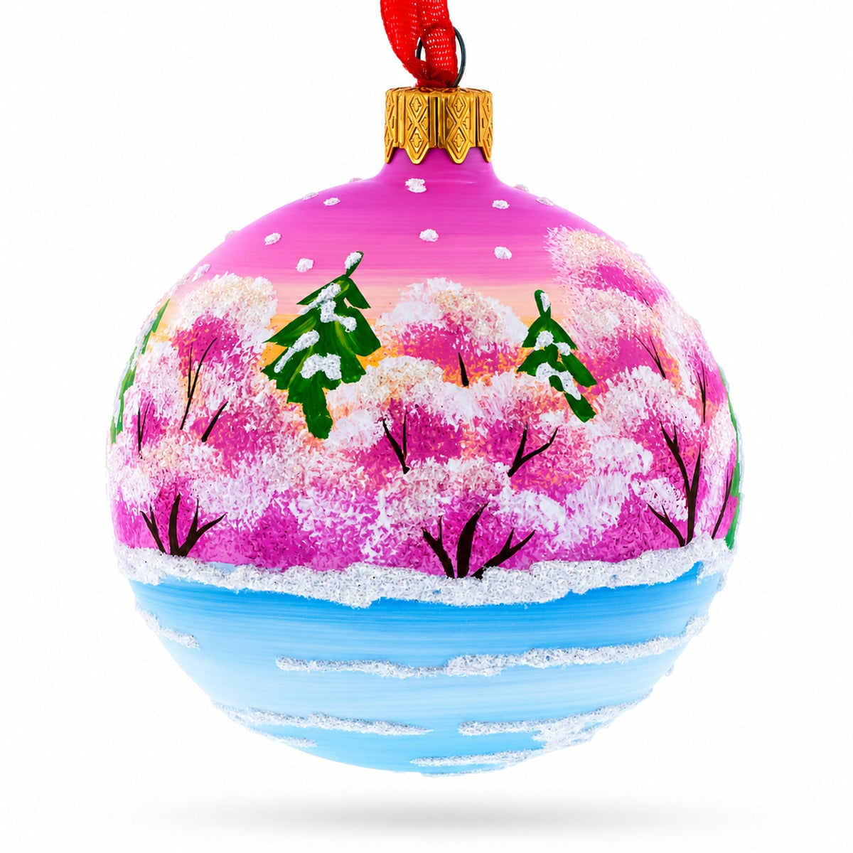 Squirrel Couple Amidst Lotus Flower Glass Ball Christmas Ornament 3.25 Inches