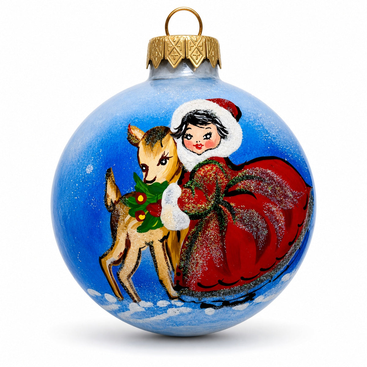 Girl and Reindeer Glass Ball Christmas Ornament 3.25 Inches
