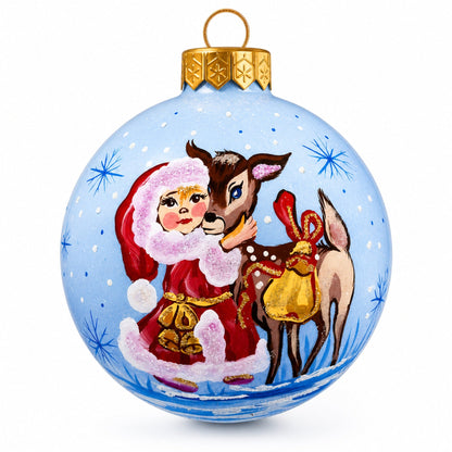 Girl with Reindeer Glass Ball Christmas Ornament 3.25 Inches