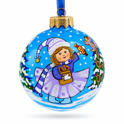 Girl with Candy and Squirrel Glass Ball Christmas Ornament 3.25 Inches