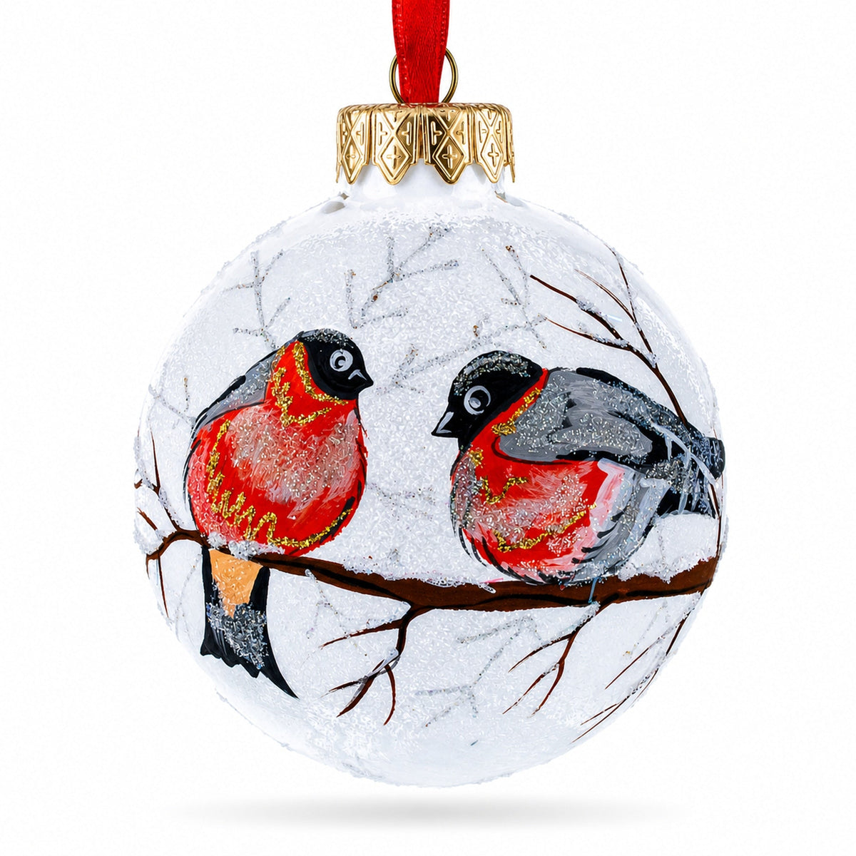 Bullfinches On Snowy Branch Glass Ball Christmas Ornament 3.25 Inches