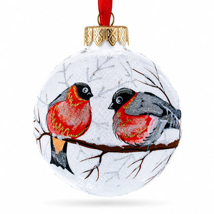 Bullfinches On Snowy Branch Glass Ball Christmas Ornament 3.25 Inches
