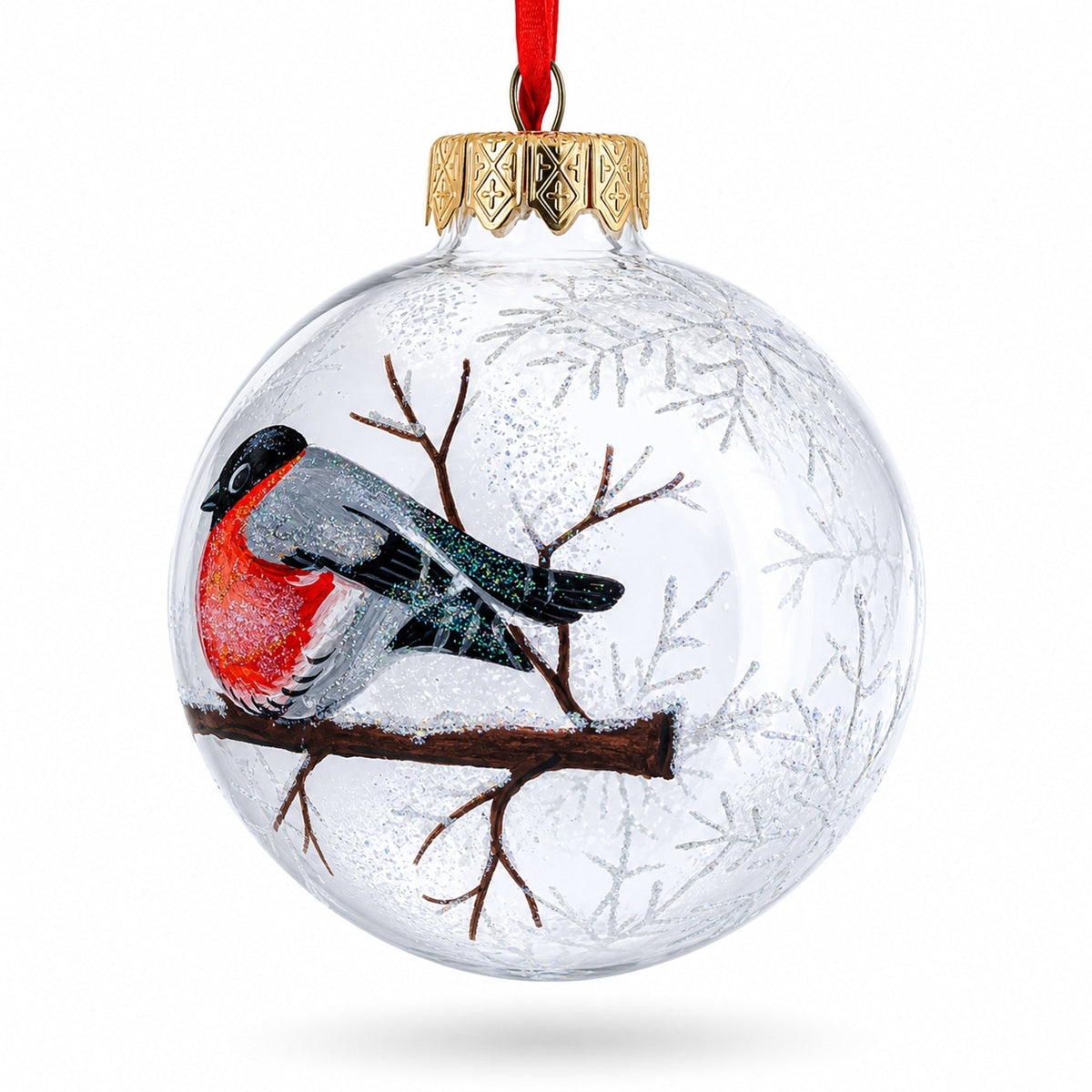 Bullfinches On Snowy Branch Glass Ball Christmas Ornament 3.25 Inches