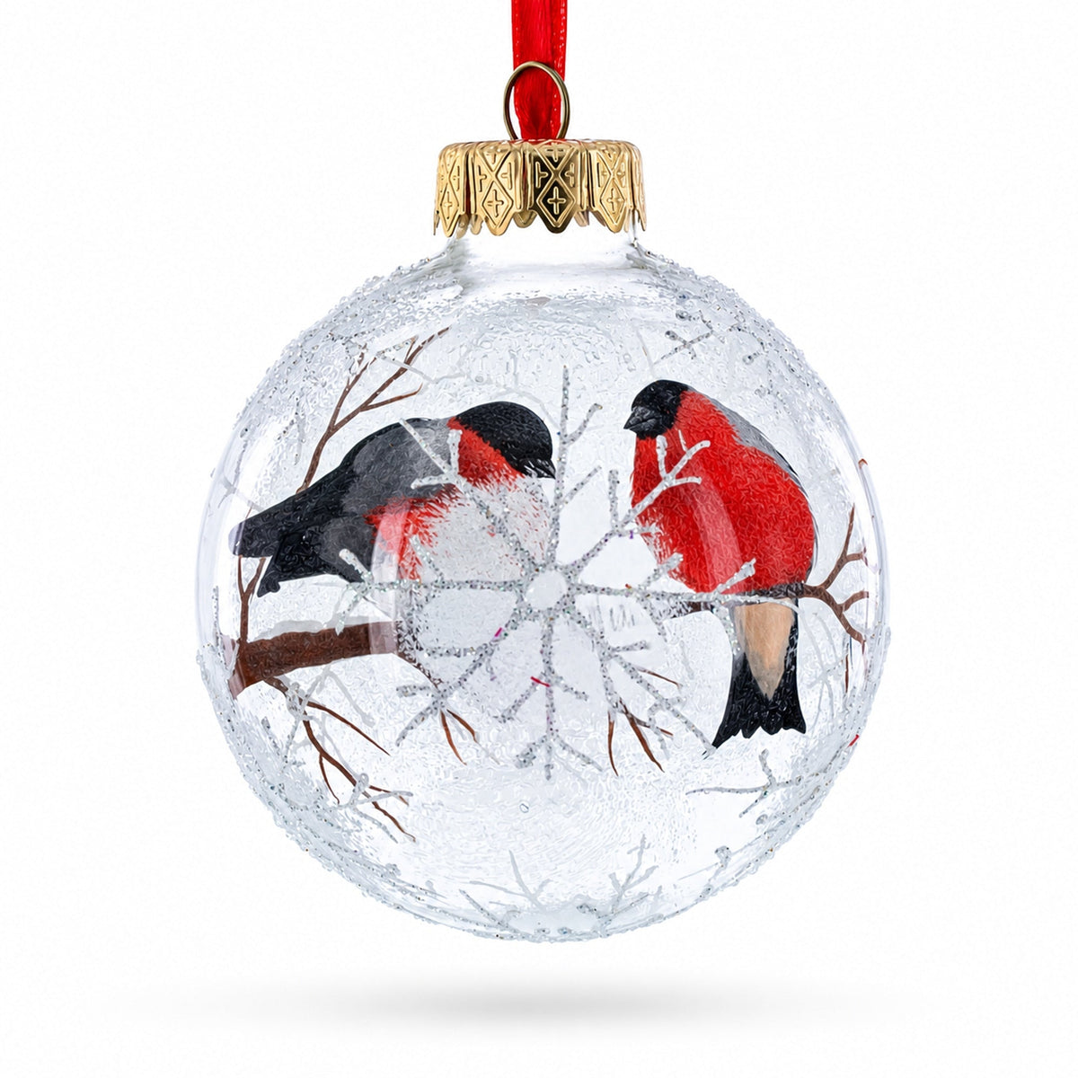 Bullfinches On Snowy Branch Glass Ball Christmas Ornament 3.25 Inches
