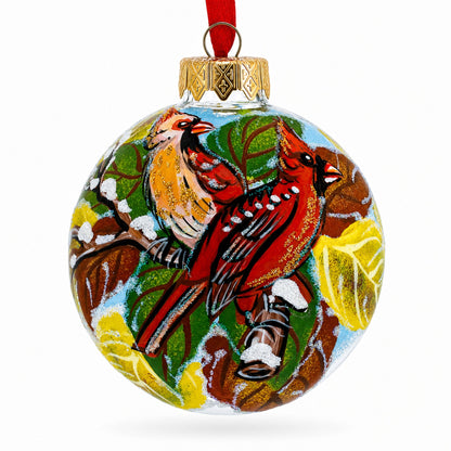 Red Cardinals in Winter Scene Glass Ball Christmas Ornament 3.25 Inches