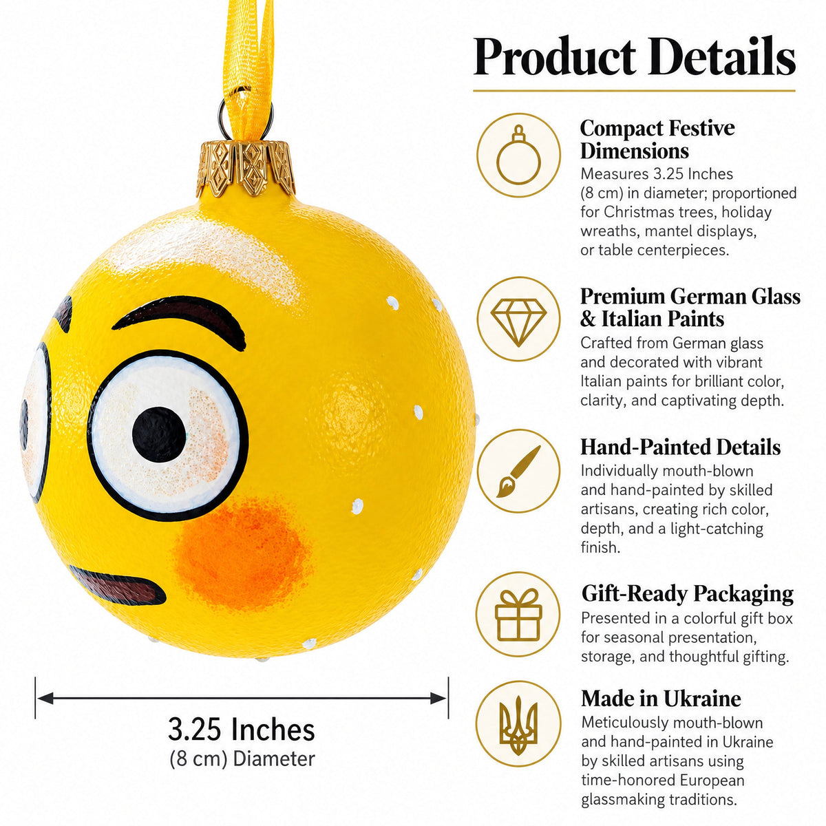 Rolling Eyes Facial Expressions Glass Ball Christmas Ornament 3.25 Inches