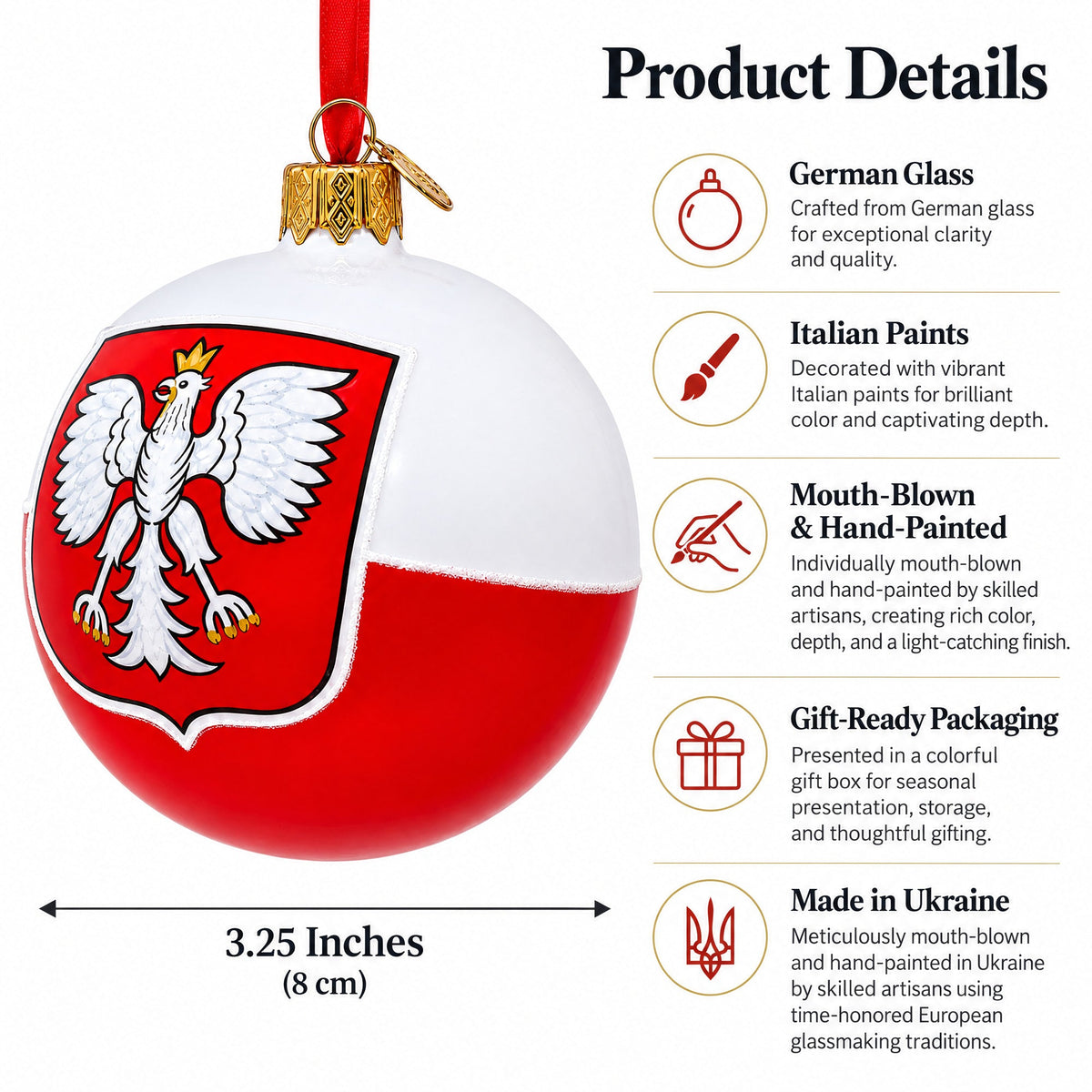 Poland Coat of Arms Glass Ball Christmas Ornament 3.25 Inches