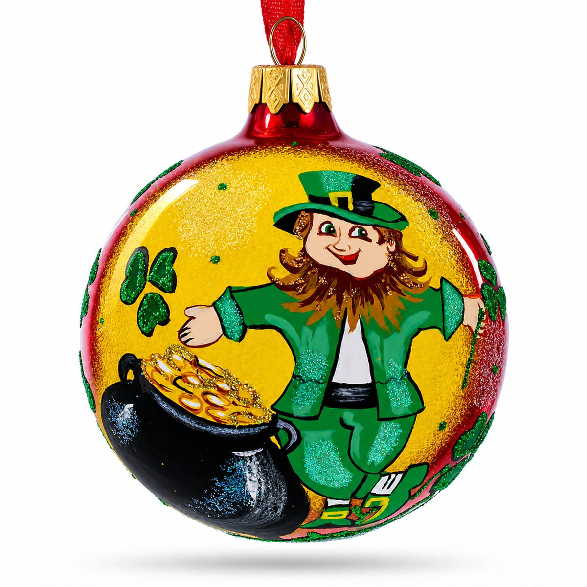 Lucky Leprechaun & Pot of Gold Glass Christmas Ornament 4 Inches