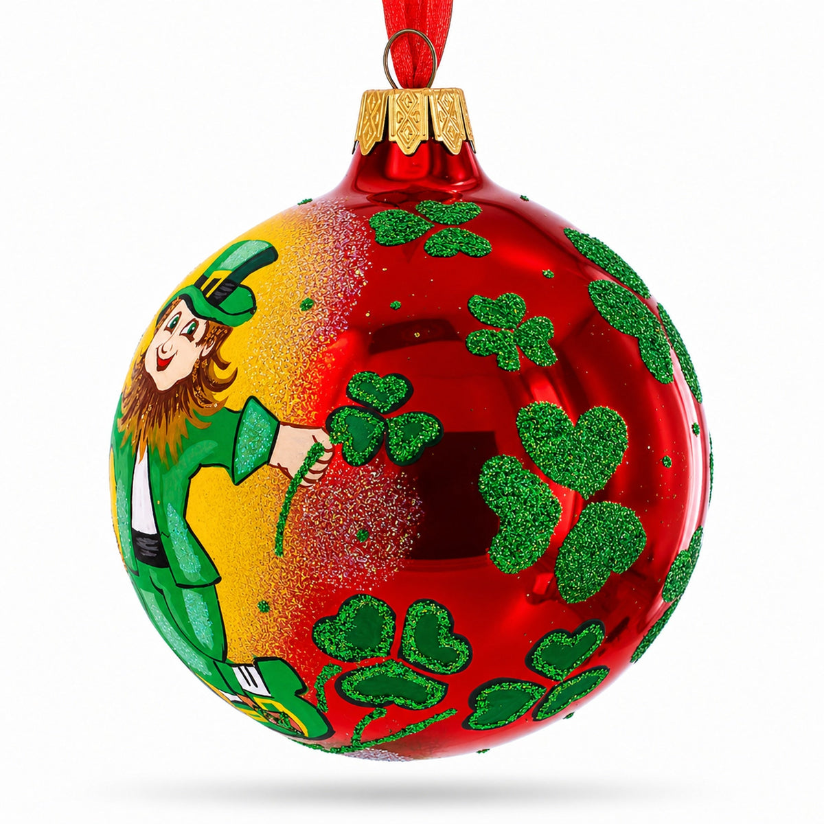 Lucky Leprechaun & Pot of Gold Glass Christmas Ornament 4 Inches
