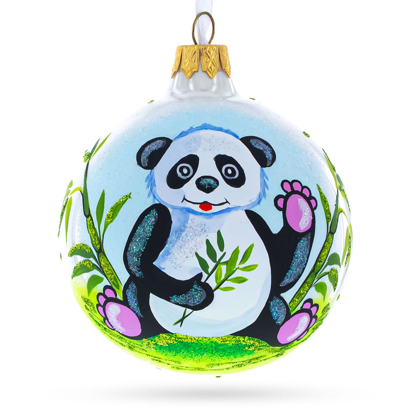 Panda with Bamboo Glass Christmas Ornament 4 Inches