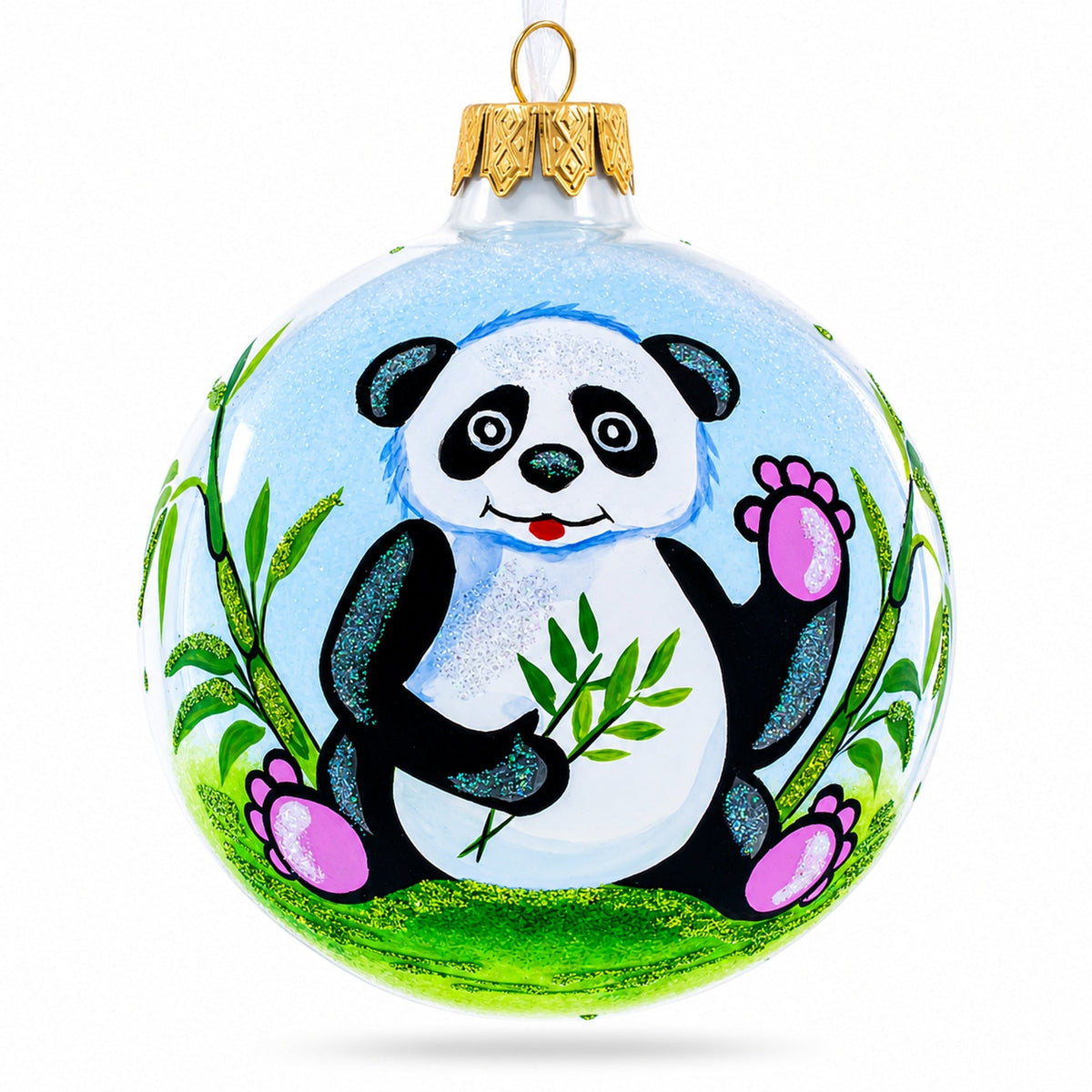 Panda with Bamboo Glass Christmas Ornament 4 Inches