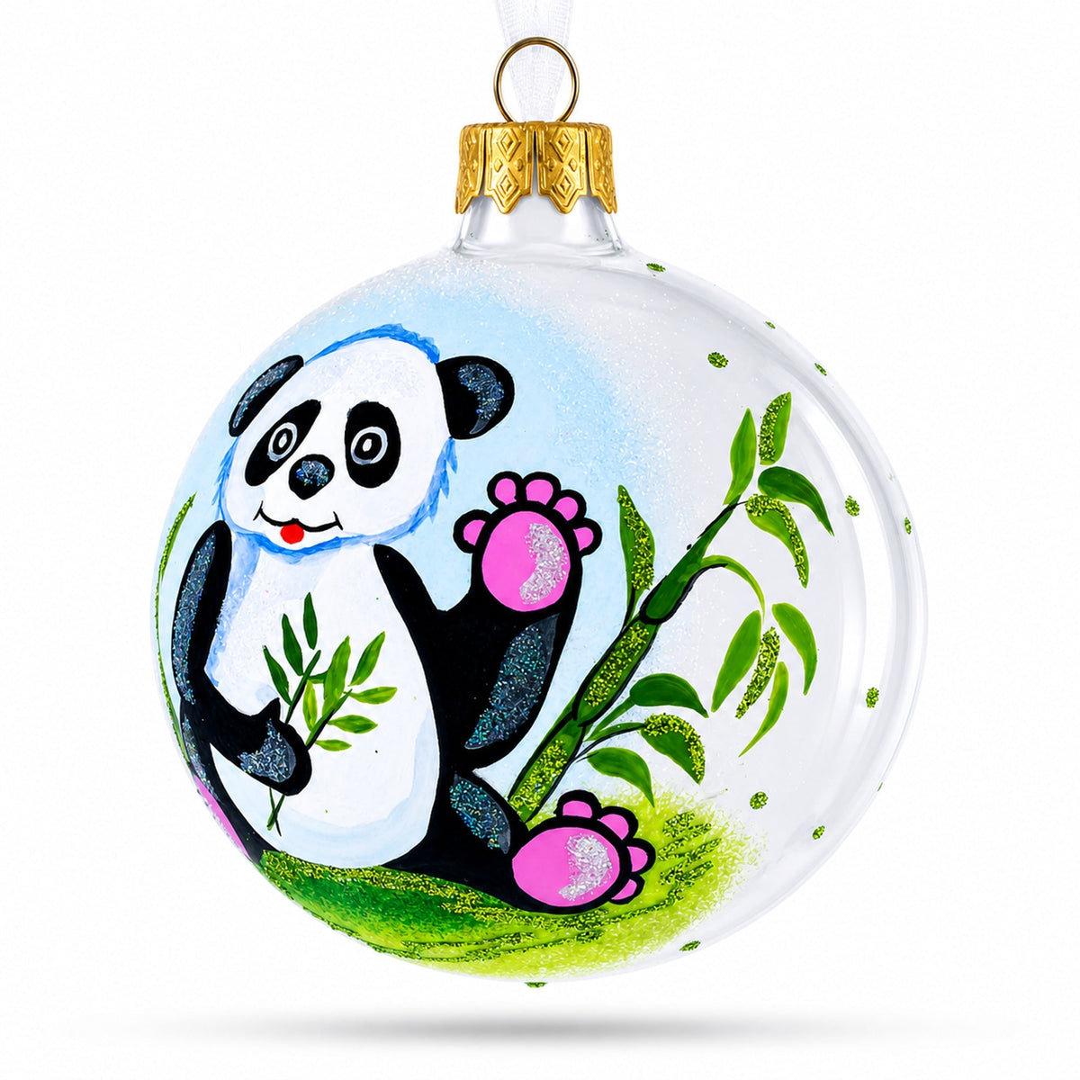 Panda with Bamboo Glass Christmas Ornament 4 Inches