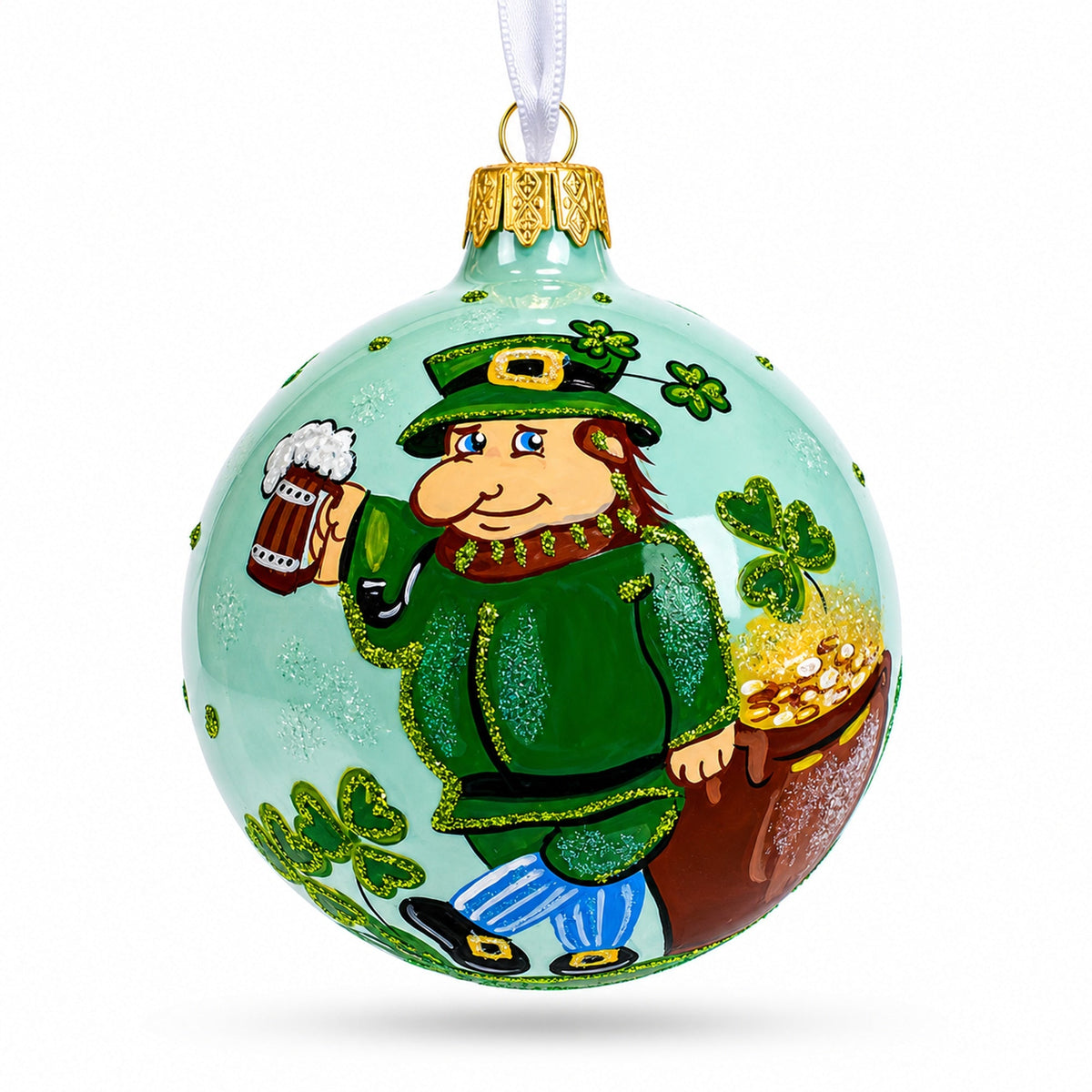 Charming Irish Leprechaun Glass Christmas Ornament 4 Inches