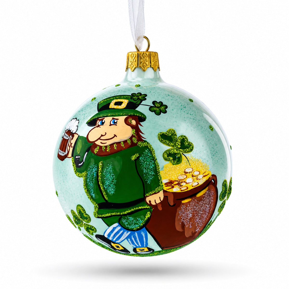Charming Irish Leprechaun Glass Christmas Ornament 4 Inches