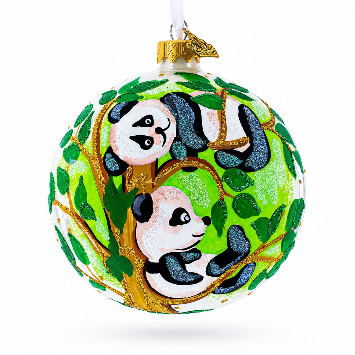 Panda Bears on Tree Branch Glass Ball Christmas Ornament 4 Inches