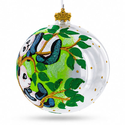 Panda Bears on Tree Branch Glass Ball Christmas Ornament 4 Inches