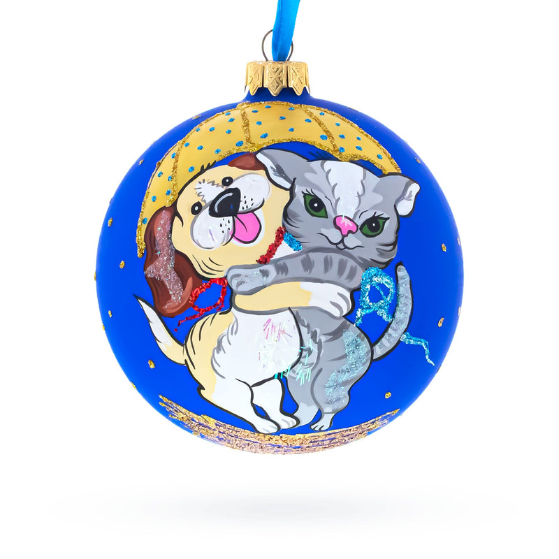 Dog and Cat Hugging Under Umbrella Glass Ball Christmas Ornament 4 Inches