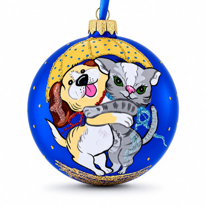 Dog and Cat Hugging Under Umbrella Glass Ball Christmas Ornament 4 Inches