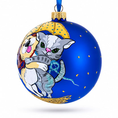 Dog and Cat Hugging Under Umbrella Glass Ball Christmas Ornament 4 Inches