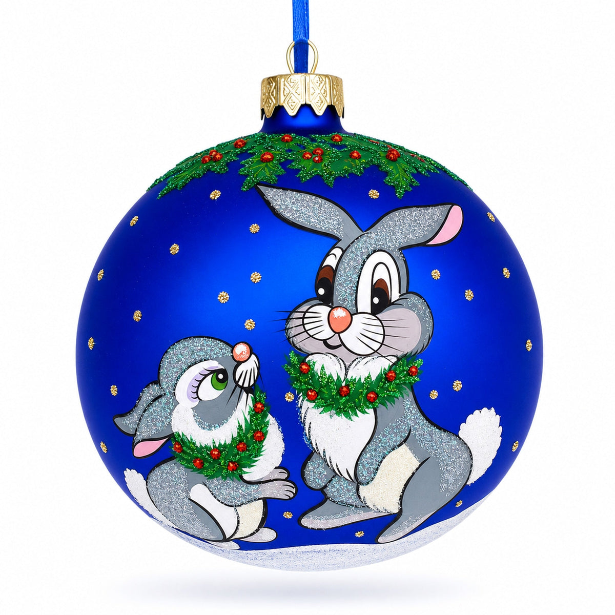 Two Bunnies Glass Ball Christmas Ornament 4 Inches