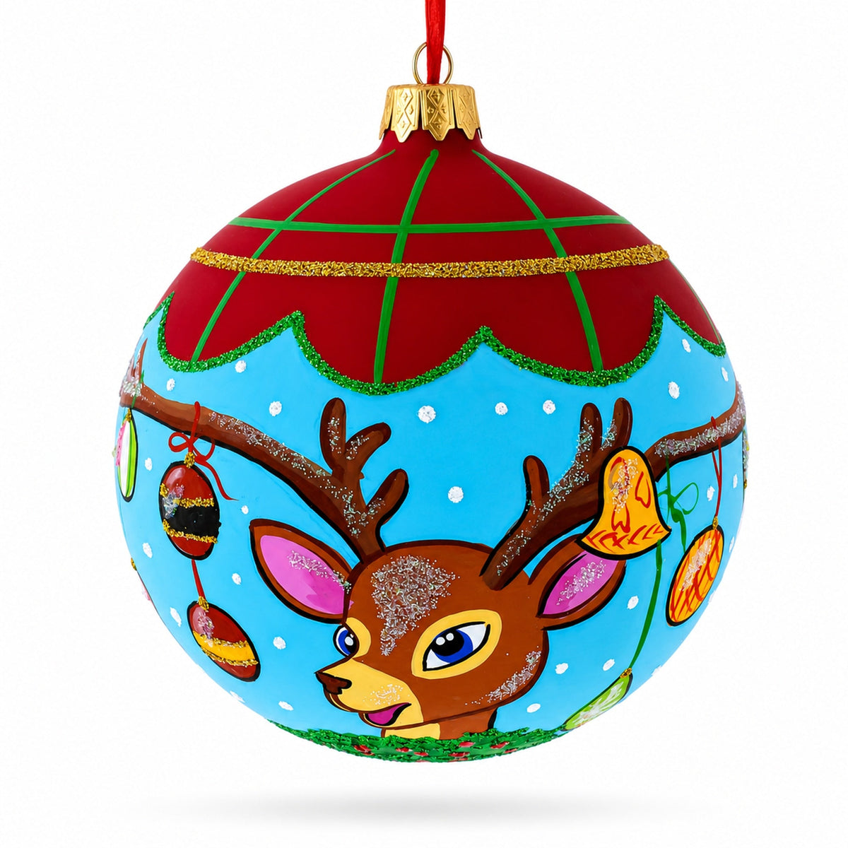 Decorated Deer Horns Glass Ball Christmas Ornament 4 Inches