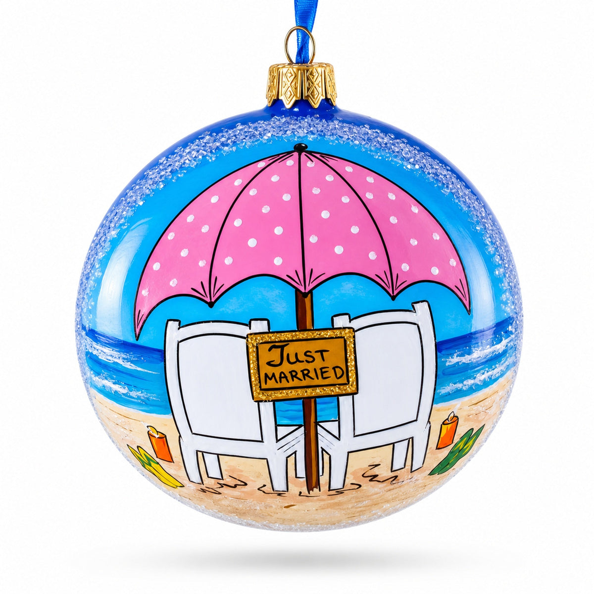 Just Married on the Beach Glass Ball Christmas Ornament 4 Inches