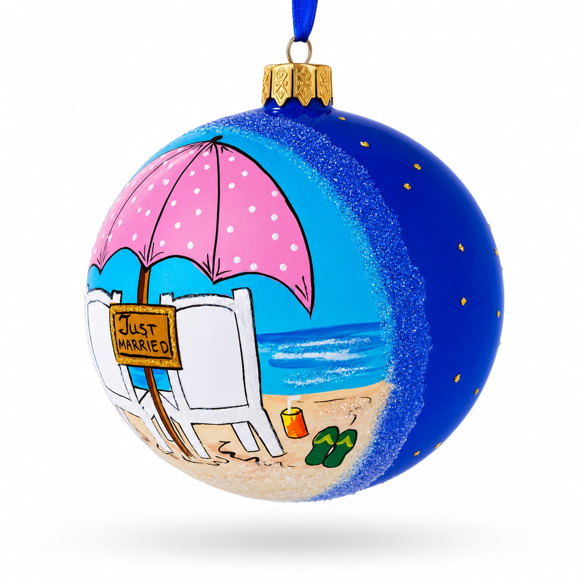 Just Married on the Beach Glass Ball Christmas Ornament 4 Inches