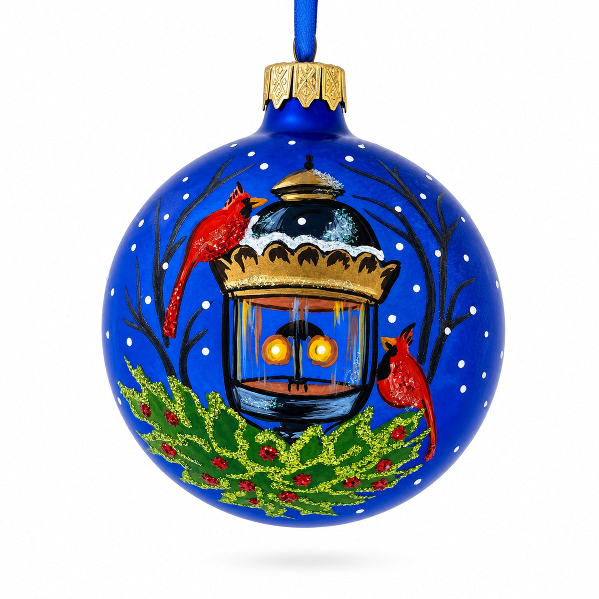 Red Cardinals by Lantern Glass Ball Christmas Ornament 3.25 Inches