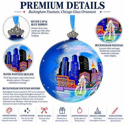 Buckingham Fountain, Chicago, Illinois Glass Ball Christmas Ornament 4 Inches