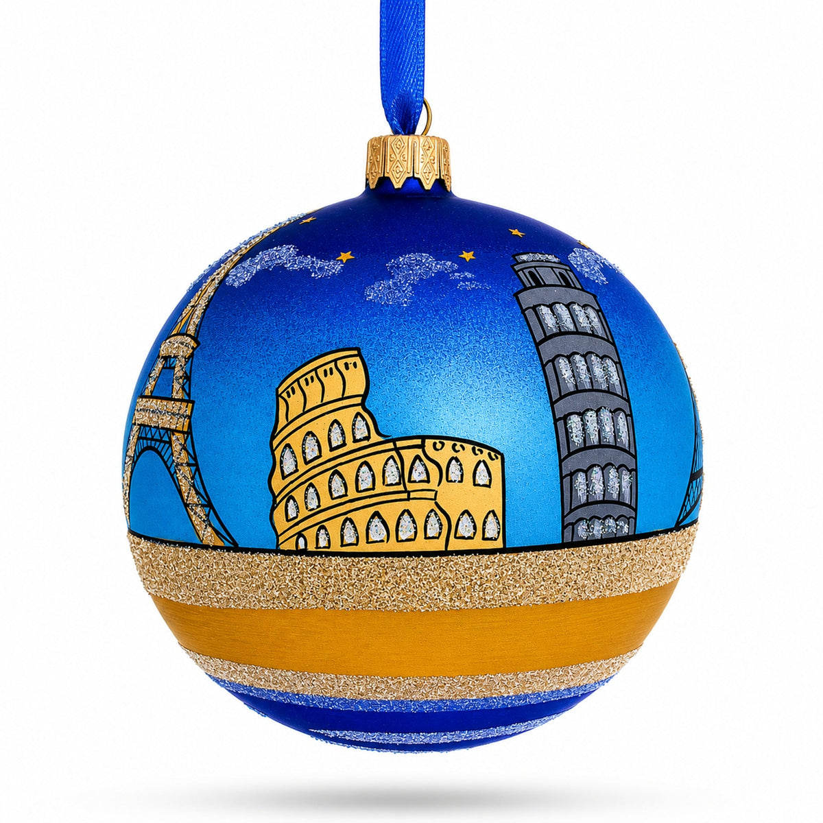 European Travel Attractions Glass Ball Christmas Ornament 4 Inches