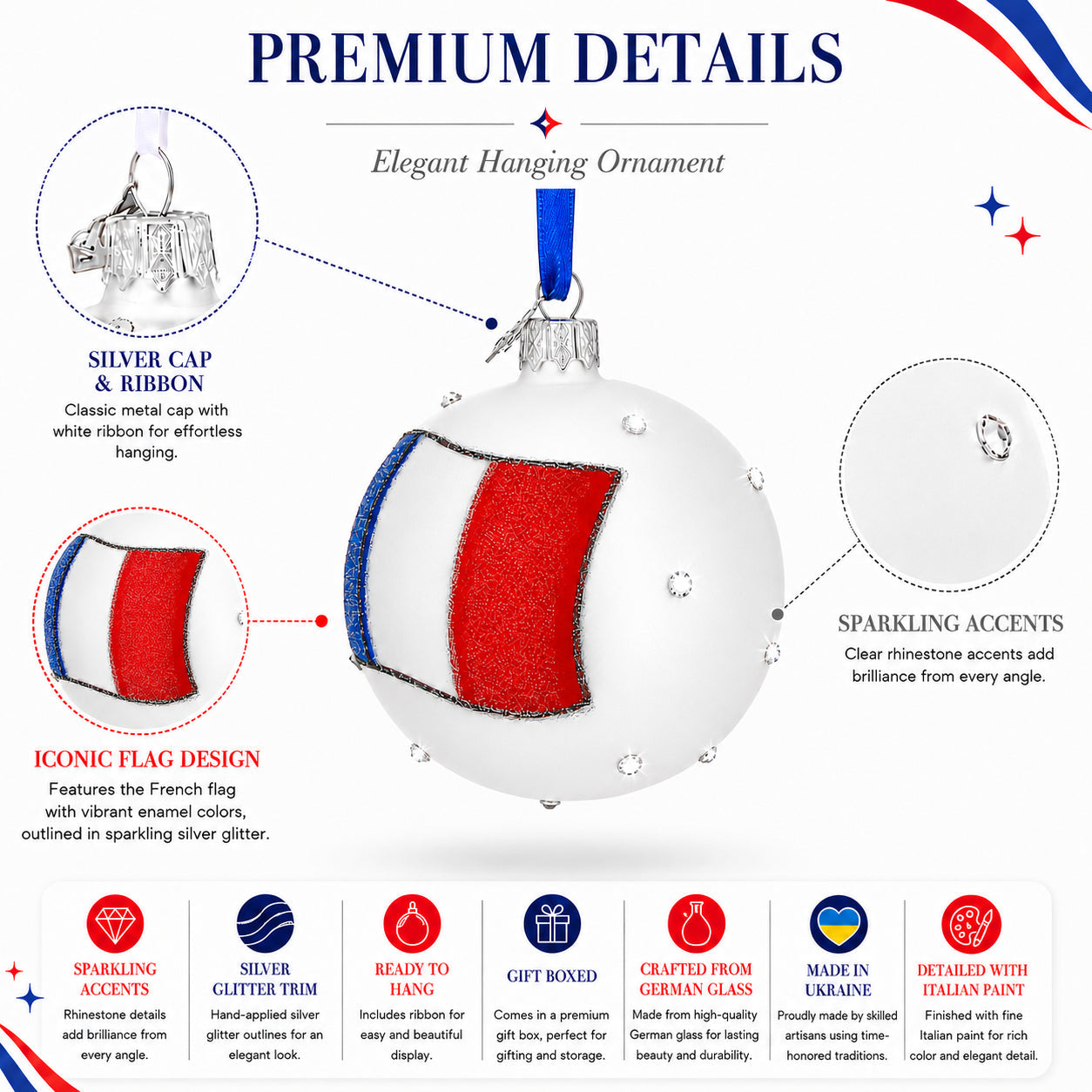 Flag of France Glass Ball Christmas Ornament 3.25 Inches