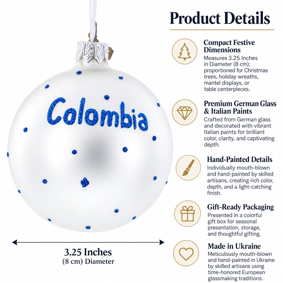 Flag of Colombia Glass Ball Christmas Ornament 3.25 Inches