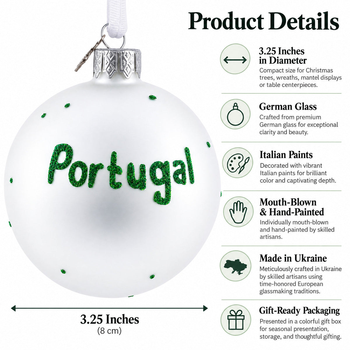 Flag of Portugal Glass Ball Christmas Ornament 3.25 Inches