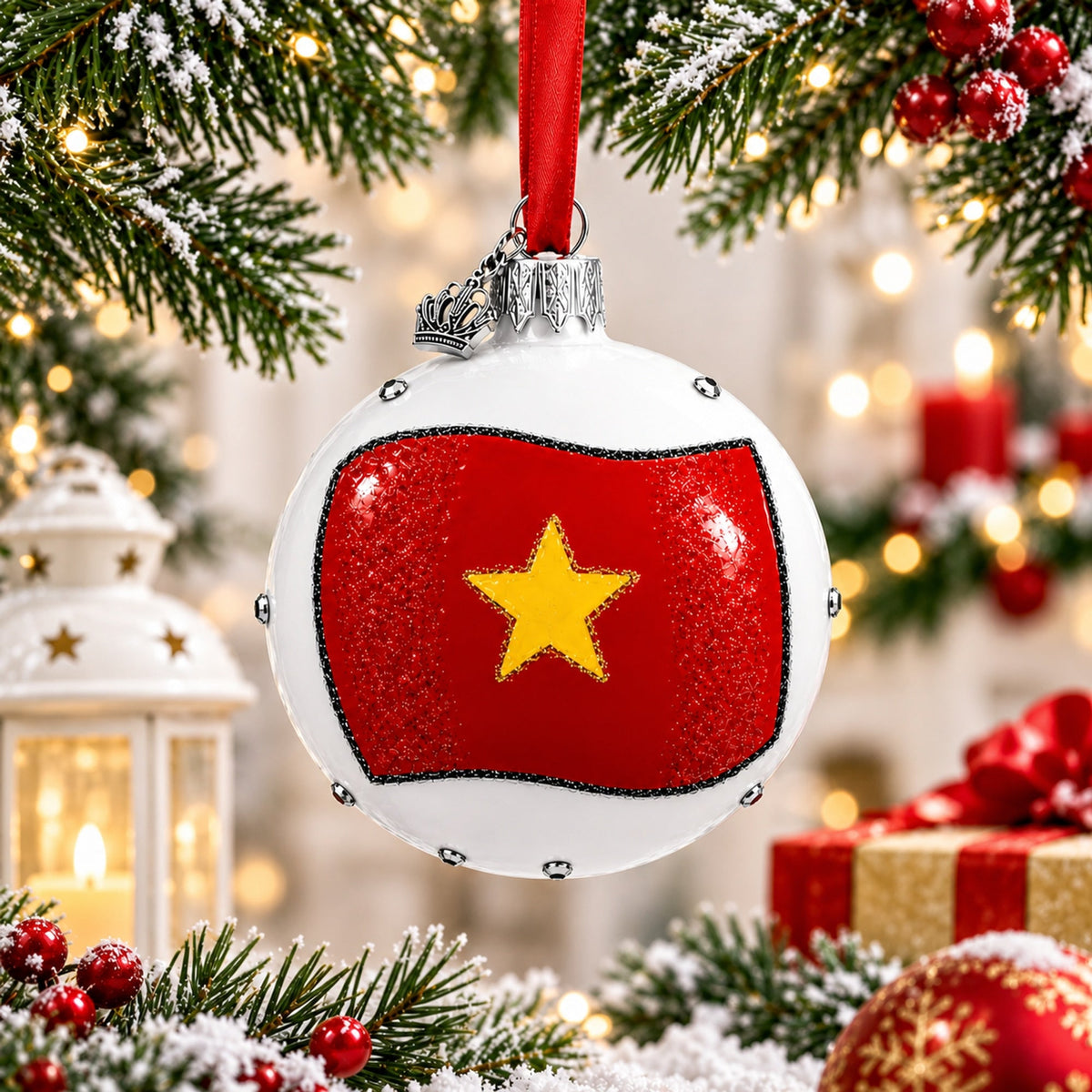 Flag of Vietnam Glass Ball Christmas Ornament 3.25 Inches