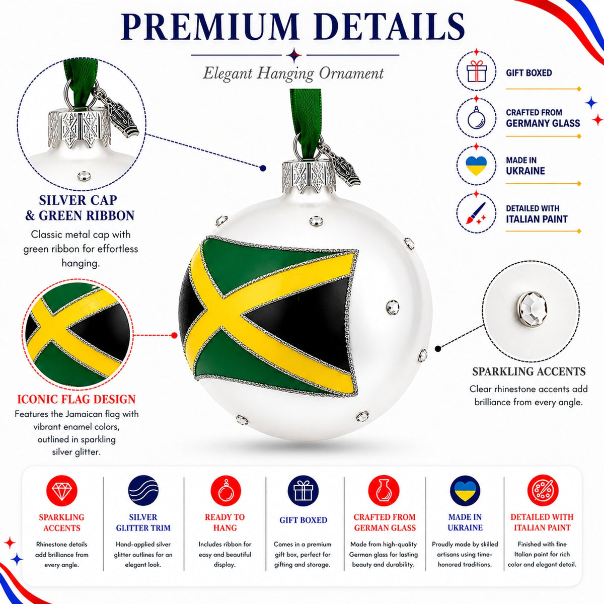 Flag of Jamaica Glass Ball Christmas Ornament 3.25 Inches