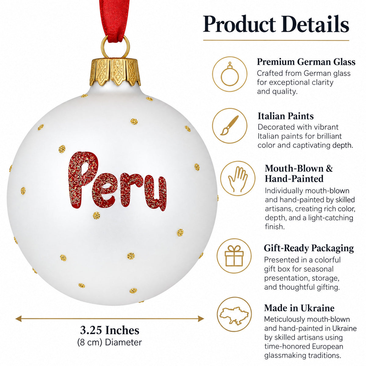 Flag of Peru Glass Ball Christmas Ornament 3.25 Inches