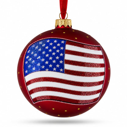 Flag of United States of America on Red Glass Ball Christmas Ornament 4 Inches