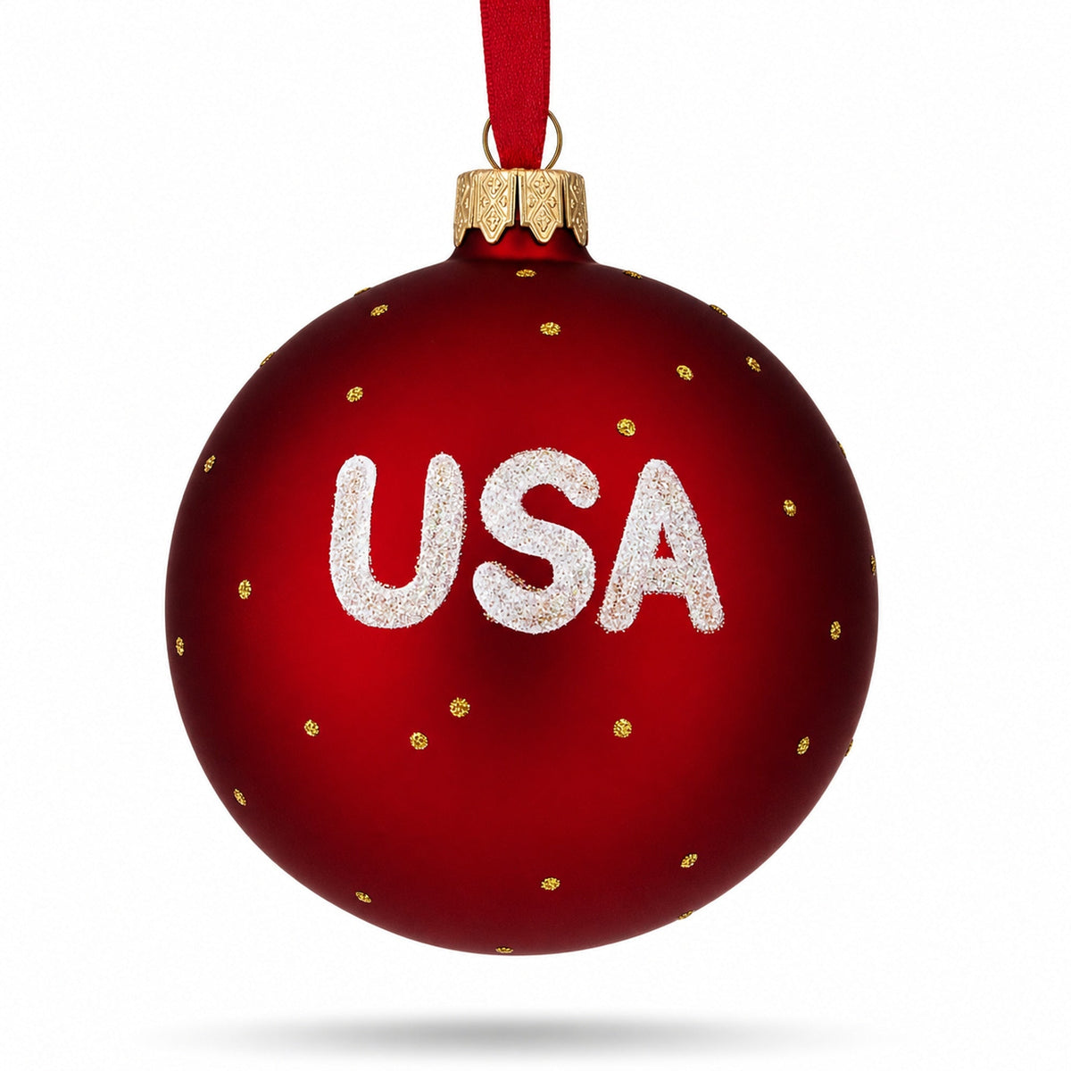 Flag of United States of America on Red Glass Ball Christmas Ornament 4 Inches