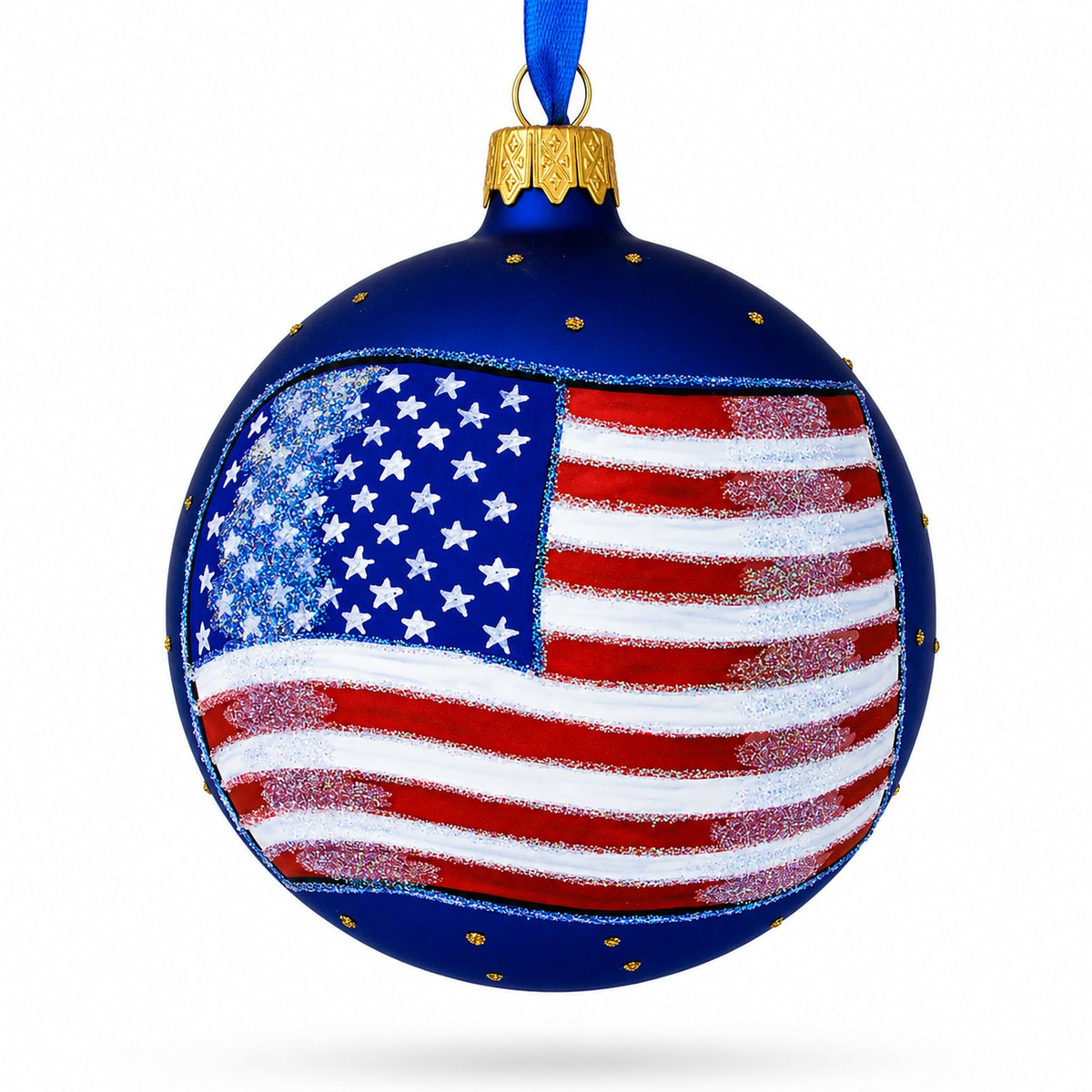 Flag of United States of America on Blue Glass Ball Christmas Ornament 4 Inches